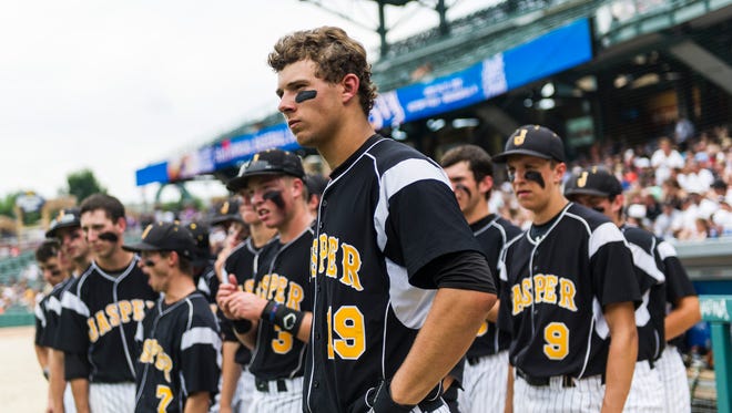 JasperÕs Evan Aders (19) and his teammates prepare to face-off against the South Bend St. Joseph Indians at the start of the Class 3A state championship at Victory Field in Indianapolis, Ind., on Saturday, June 17, 2017. The St. Joseph Indians shut out the Jasper Wildcats, 4-0. 