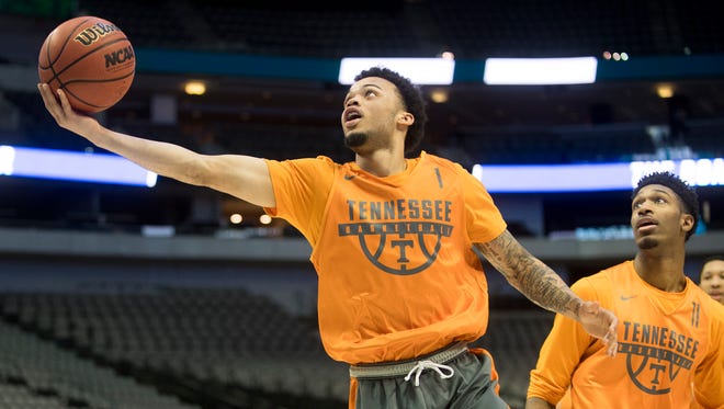 Tennessee guard Lamonte Turner (1) attempts a shot during practice at American Airlines Arena on Wednesday, March 14, 2018, ahead of the NCAA Tournament first round game between Tennessee and Wright State.