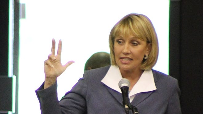 Lt. Gov. Kim Guadagno speaks at the American Legion Jersey Boys State Commencement at Rider University in Lawrence Township on June 27, 2014. (NJ Office of Information Technology)