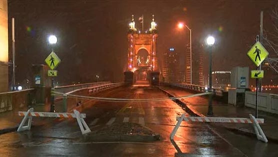 Roebling Suspension Bridge over the Ohio River is closed after a crash caused structural damage Tuesday night.