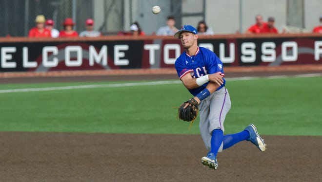 Shortstop Dalton Skelton throws the ball in Louisiana Tech's game Tuesday at UL Lafayette.