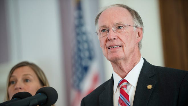 Governor Robert Bentley speaks about medicaid adjustments during a press conference on Thursday, Sept. 22, 2016, at the Alabama State Capitol building in Montgomery, Ala. 