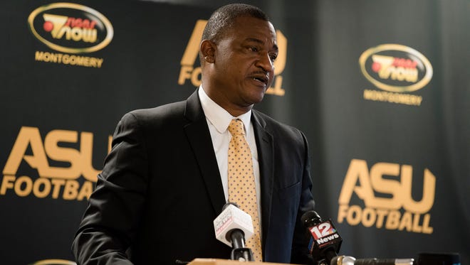 Donald Hill-Eley, who was the interim head coach of ASU football, announces that he has been hired to be the head coach of ASU's football team during a press conference on Thursday, Dec. 7, 2017, at ASU in Montgomery, Ala.