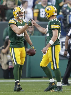 Green Bay Packers receiver Jordy Nelson (87) celebrates his touchdown score with Aaron Rodgers (12) against the Seattle Seahawks on Sunday, Sept. 10, 2017, at Lambeau Field in Green Bay, Wis.