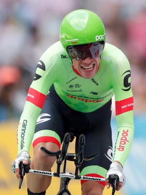 Colombia's Rigoberto Uran rides to the finish line in the twentieth stage of the Tour de France cycling race, an individual time trial over 22.5 kilometers (14 miles) with start and finish in Marseille, southern France, Saturday, July 22, 2017. (AP Photo/Christophe Ena)