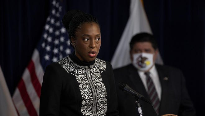 Dr. Ngozi Ezike of the Illinois Department of Health speaks Nov. 4, 2020, during a daily news conference about the coronavirus pandemic at the Thompson Center in Chicago.