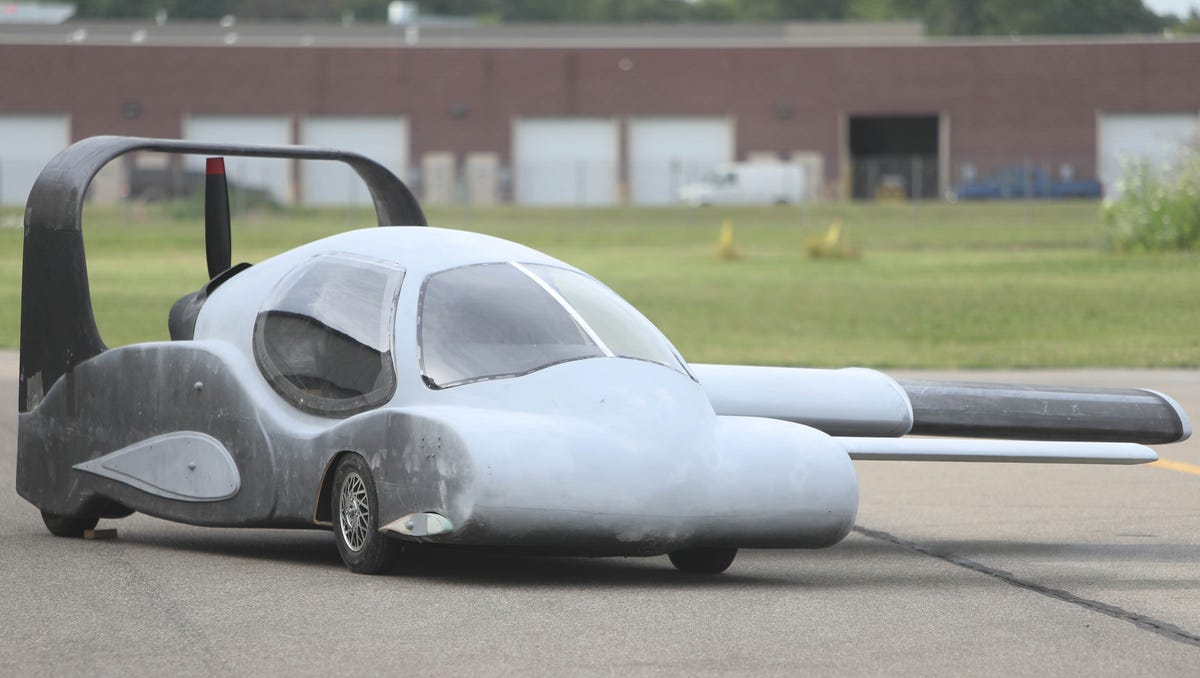 Detail of the front end of this prototype Flying Car designed by Sanjay Dhall Thursday, July 20, 2017 at Canton-Plymouth Mettetal Airport in Canton, MI.