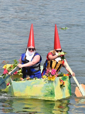 Brittany Hunt and Arie Hunt aboard their "Gnome Sweet Gnome'' were the overall champions by one point in the Sikaflex Challenge at the Classic & Wooden Boat Festival in Sturgeon Bay on Sunday, Aug. 13, 2017. The twosome tied for first place in the construction time of the boat and turned in the third best time in the sea trials. Limited materials are required for the hand-built boats using primarily Sikaflex nautical adhesive and cable ties.Tina M. Gohr/USA TODAY NETWORK-Wisconsin 