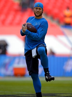 Detroit Lions quarterback Matthew Stafford warms up before a game against the Kansas City Chiefs in London on Sunday, Nov. 1, 2015.