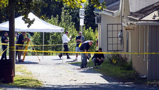 Members of various Lebanon County law enforcement agencies investigate a police involved shooting in the village of Campbelltown in South Londonderry Township on Monday, July 3, 2015. Police responded to a burglary at the Horseshoe Pike Gun Shop when they encountered the suspect and were fire upon. Police returned fire and the suspect died in a soybean field.