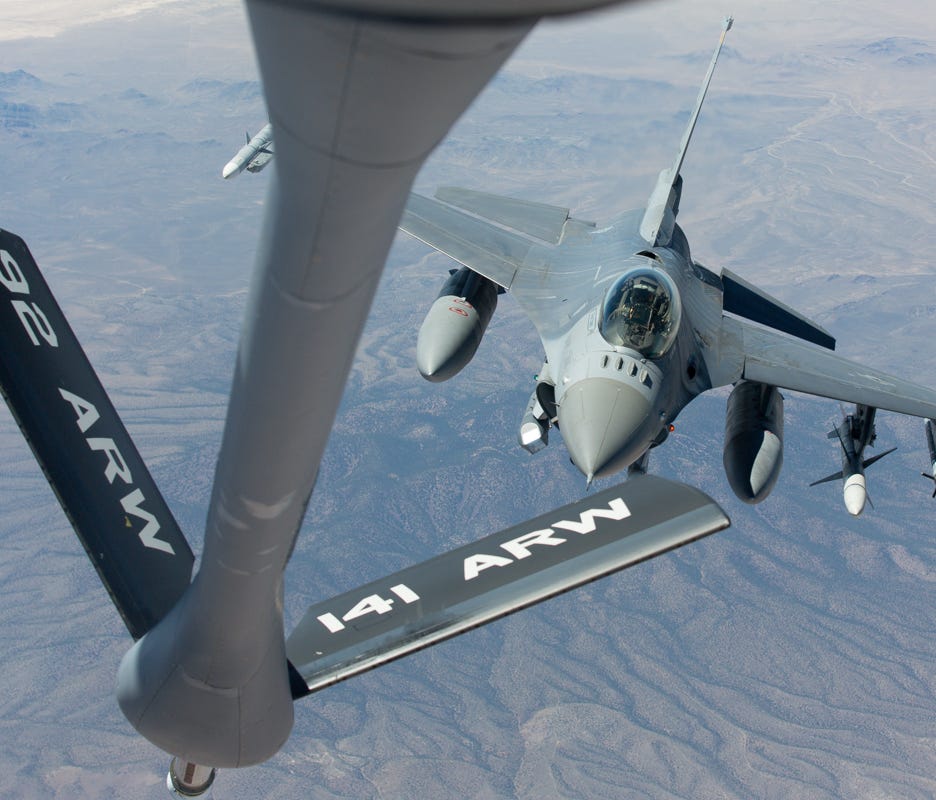 An F-16 fighter jet  approaches the refueling boom during a training mission on Nevada on July 22, 2016.