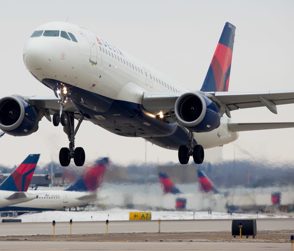 This file photo shows a Delta Air Lines Airbus A320 taking off from Minneapolis St-Paul International Airport in January 2017.