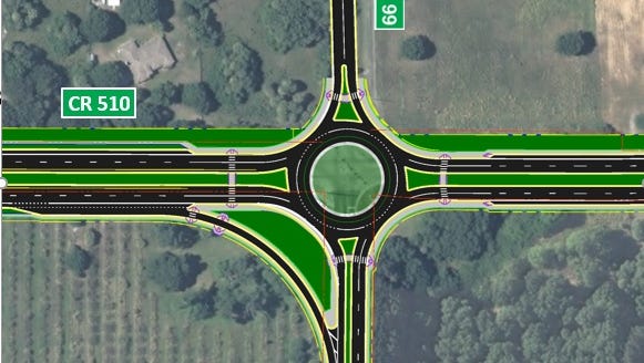 The illustration depicts what a roundabout might look like if built at 66th Avenue when County Road 510 is widened through Wabasso in 2019 or later.