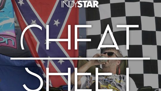 Race fan Charlie Ryan of Panama City Beach, Fla., is surrounded by various flags, including the Confederate flag, as he and friends relax in the camping area at the Indianapolis Motor Speedway on Aug. 2, 2003, before that year’s Brickyard 400 race.