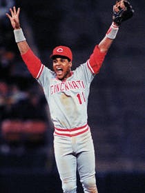 Barry Larkin celebrates the Reds' 1990 World Series title in Game 4 in Oakland.
