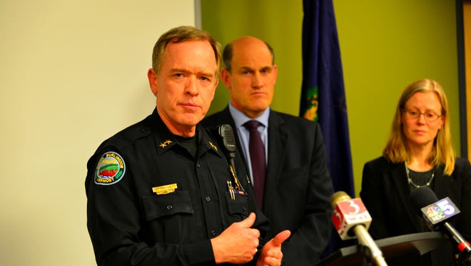 South Burlington Police Chief Trevor Whipple on Friday, April 21, 2017, at the police station answers questions about the arrest of Josiah Leah, 18, of South Burlington, a suspect  in the series of threats to students and teachers at the high school during the past week, as school Superintendent David Young and Acting U.S. Attorney for Vermont Eugenia Cowels look on.