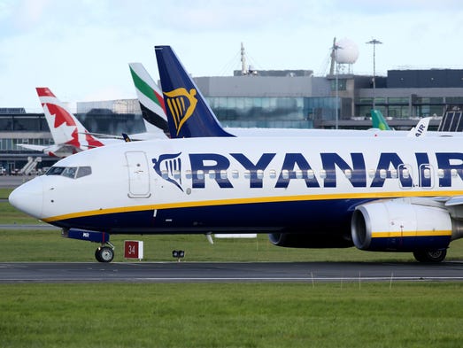 A Ryanair plane is at the Dublin Airport on Sept. 21,