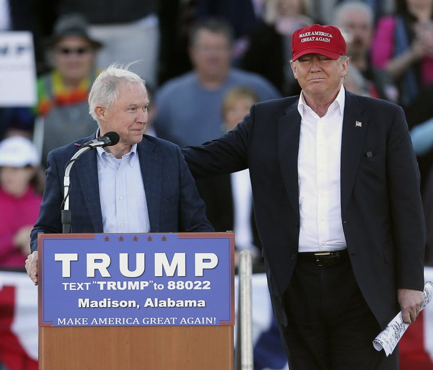 Donald Trump and Jeff Sessions at a presidential campaign rally in 2016 in Madison, Ala.