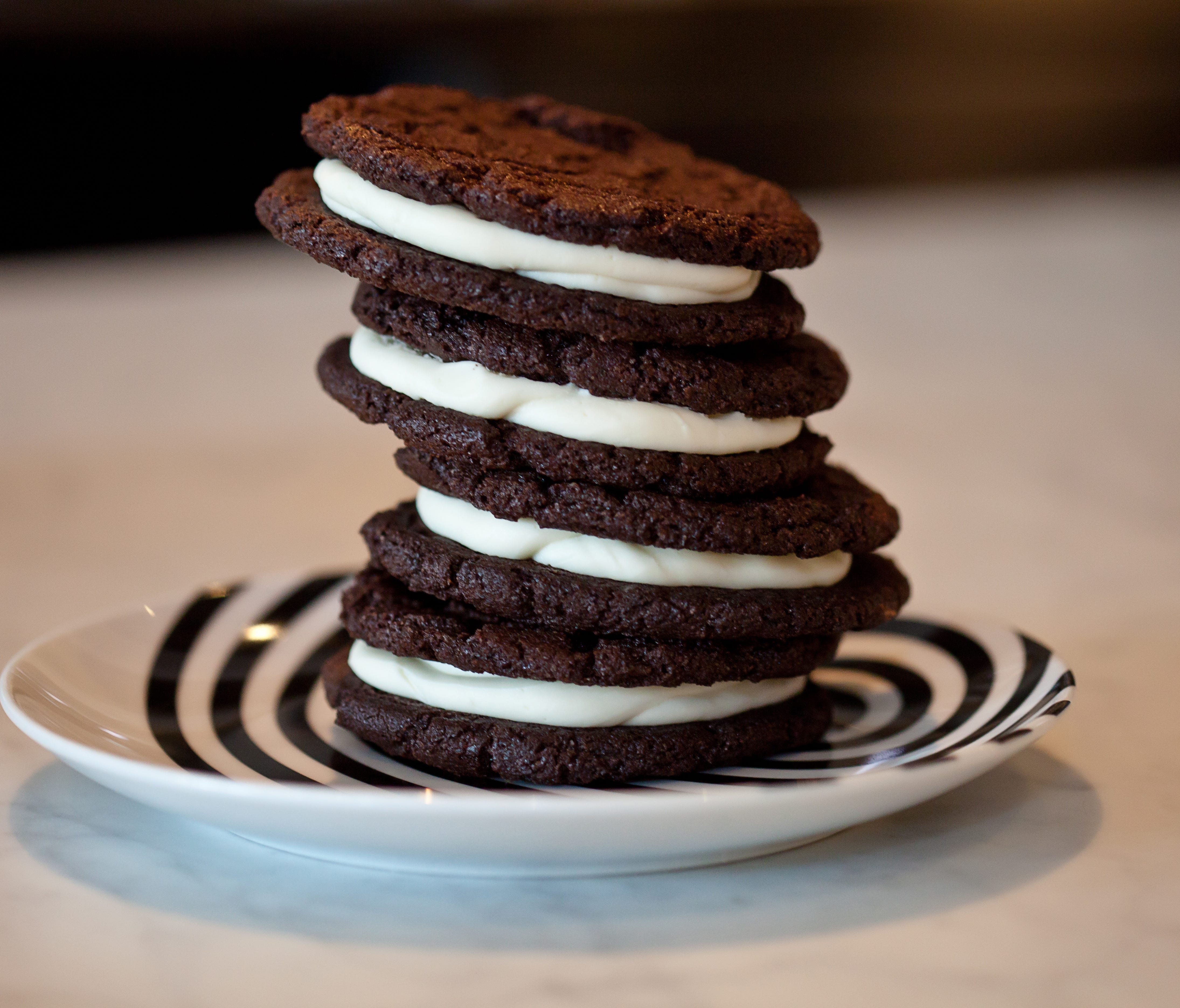 Sherry Blockinger creates ice cream cake sandwiches, swirl marshmallows, monster cookies, stuffed brownies and Sherry-O cookies (pictured), made with chocolate cookies and vanilla filling.