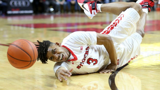 Rutgers Corey Sanders dives for the ball during the first half against Monmouth, Sunday, December 20, 2015, at the Louis Brown Athletic Center in Piscataway. 