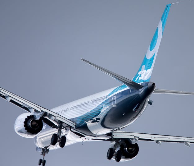 The first Boeing 737 MAX 9 takes off from Renton Field in Renton, Wash., on April 13, 2017.