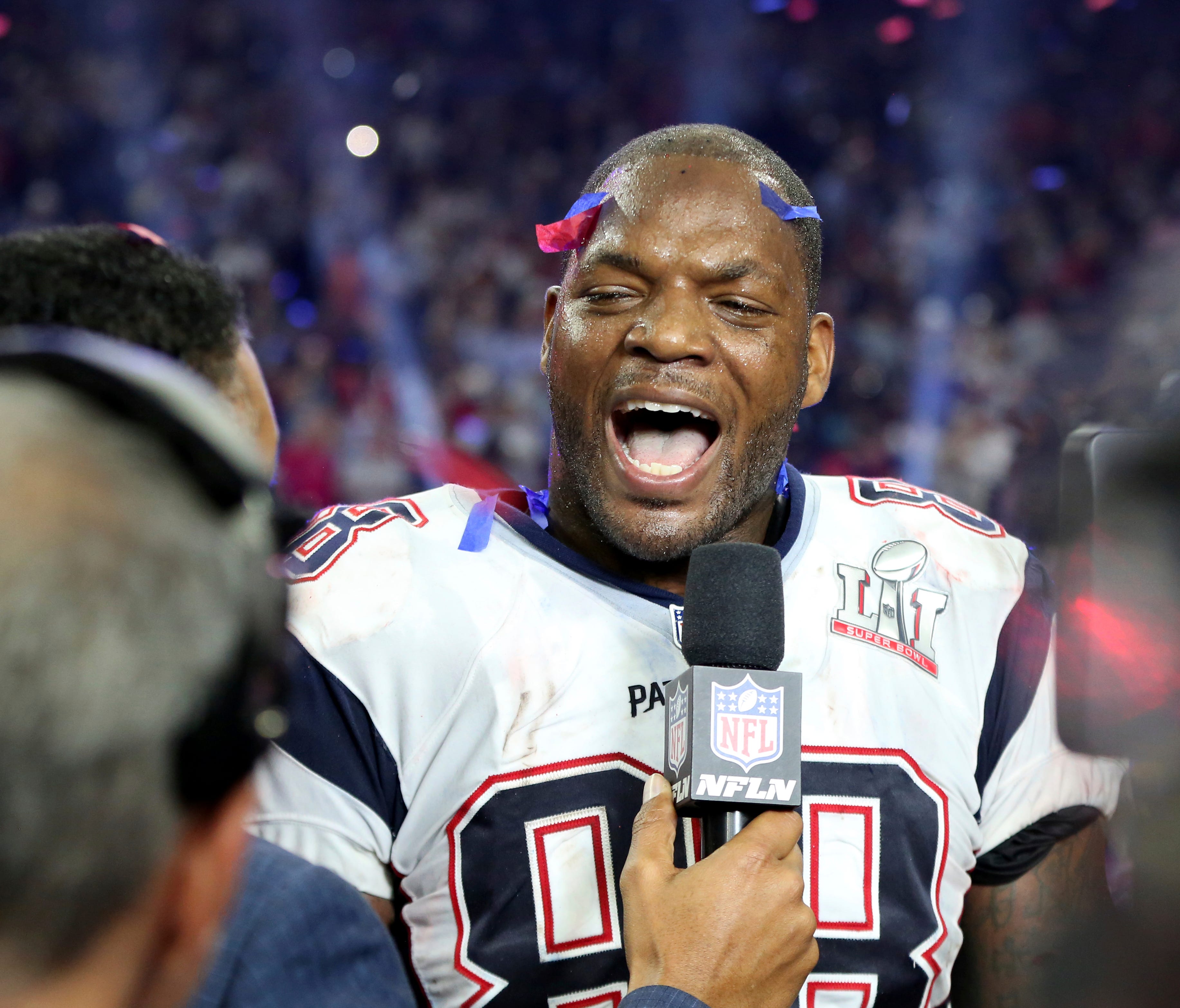 Martellus Bennett is interviewed on the field after a win against the Atlanta Falcons at Super Bowl 51 on Sunday, February 5, 2017 in Houston, TX.