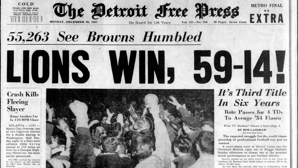 Free Press pages from 1957 Detroit Lions championship win
