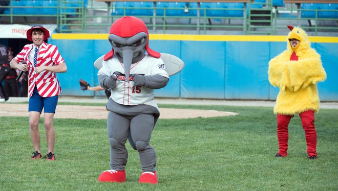 Bombers mascot Moe Skeeter and company do the Chicken Dance between innings Tuesday night.