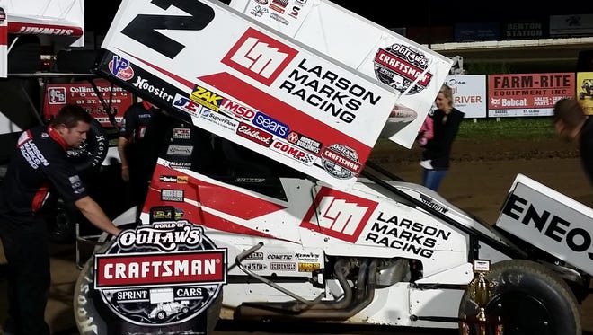 The No. 2 car that driver Shane Stewart drove to victory at the World of Outlaws event Wednesday at Granite City Speedway in Sauk Rapids.