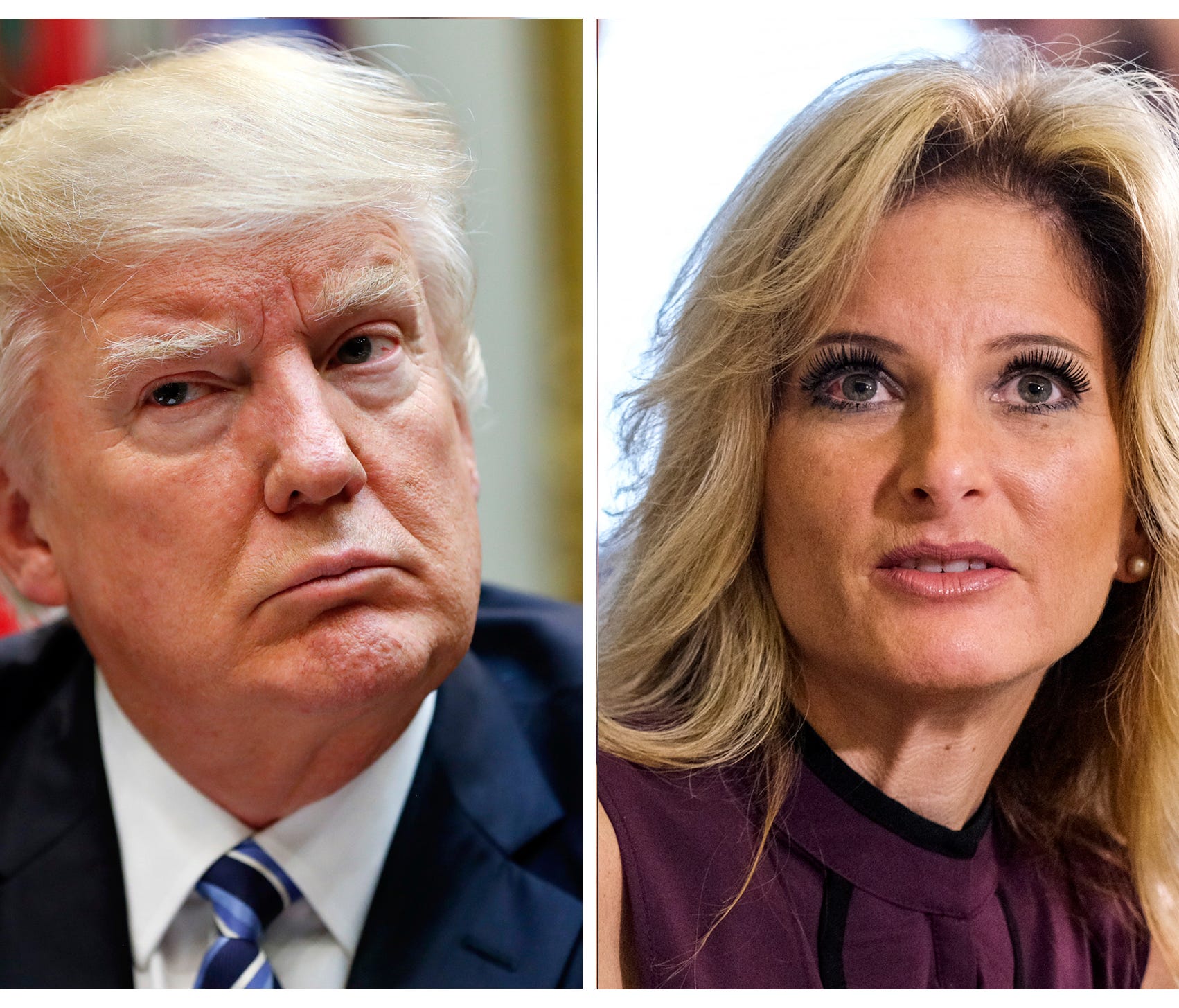 This combination photo shows President Trump, left, listening  during a 2017 White House meeting on health care and Summer Zervos, a former contestant on 