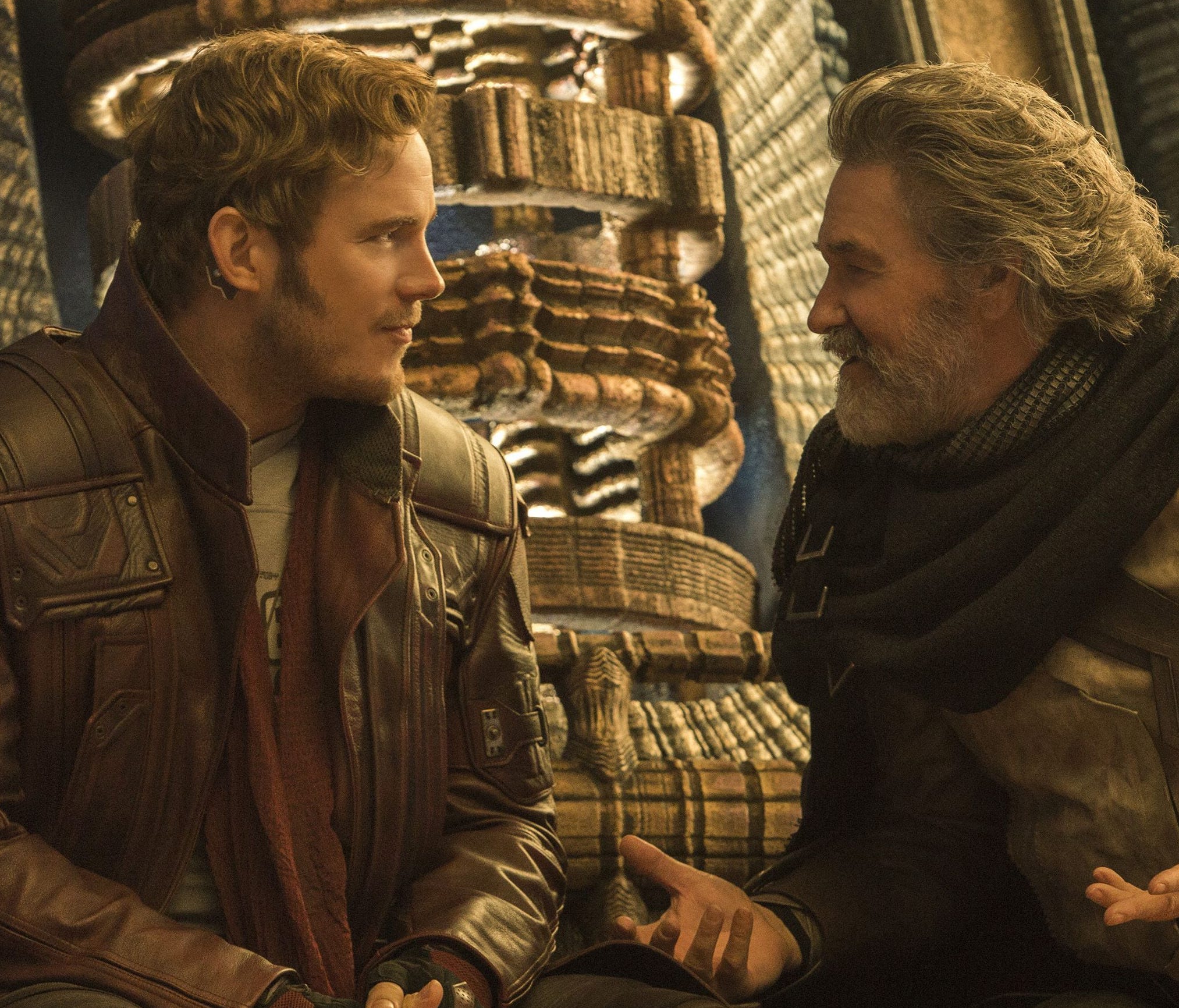 Peter Quill (Chris Pratt) hangs with his dad (Kurt Russell), a living planet, in 'Guardians of the Galaxy Vol. 2.'