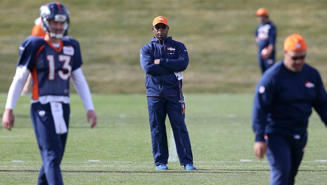 Former Denver Broncos head coach Vance Joseph, formerly a Cincinnati Bengals defensive backs coach, observes practice in November 2017.