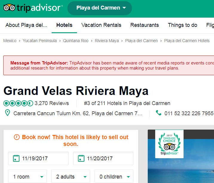 Screen view of the TripAdvisor alert.
