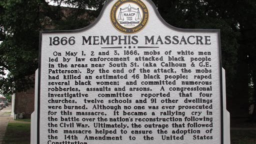 An historical marker tells the story of the Memphis Massacre, one of the city's darkest episodes.