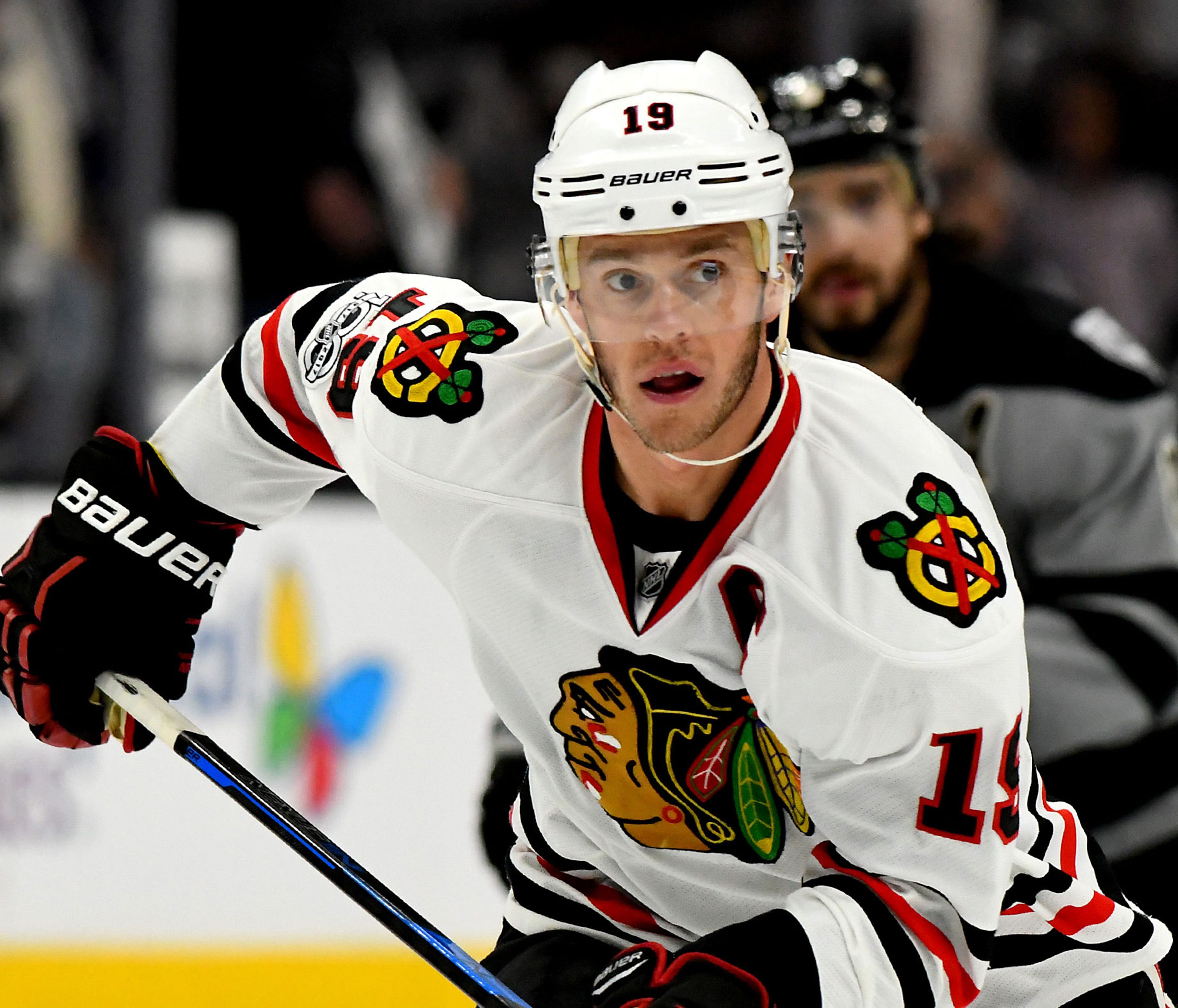 Apr 8, 2017; Los Angeles, CA, USA; Chicago Blackhawks center Jonathan Toews (19) in the third period of the game against the Los Angeles Kings at Staples Center. Kings won 3-2 in overtime. Mandatory Credit: Jayne Kamin-Oncea-USA TODAY Sports ORG XMIT