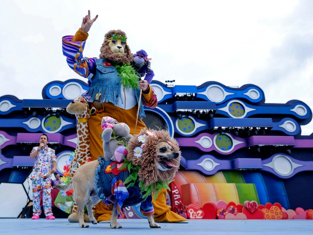 A costumed dog and his owner take part in a parade at the Las Palmas de Gran Canaria's Dog Carnival in Las Palmas de Gran Canaria, Spain, on Feb. 19, 2017.