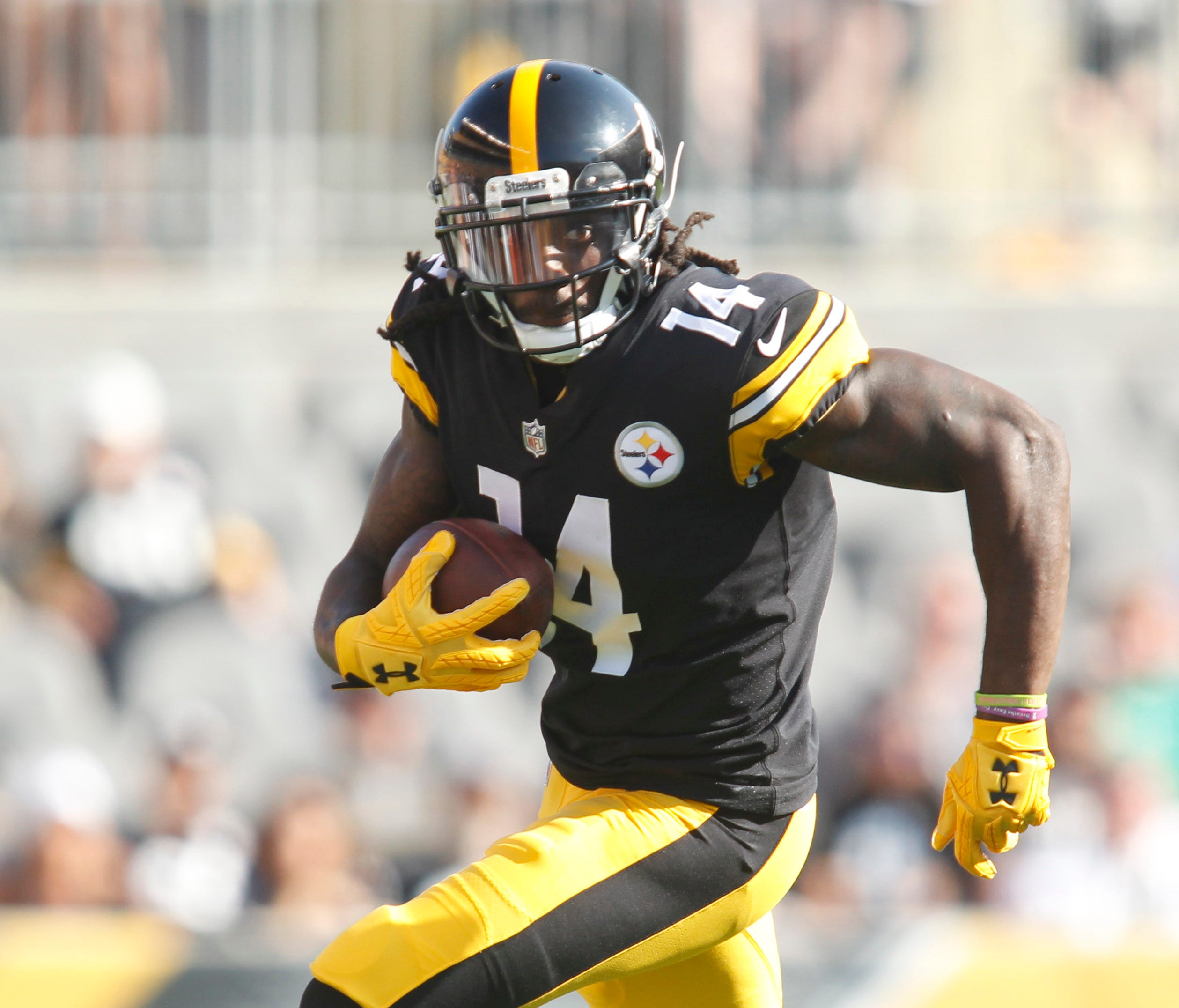 Pittsburgh Steelers wide receiver Sammie Coates (14) runs after a catch against the Atlanta Falcons during the second quarter at Heinz Field.