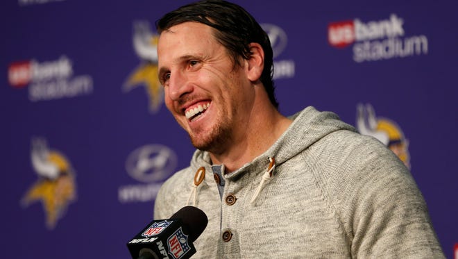 FILE - In this Jan. 1, 2017, file photo, Minnesota Vikings outside linebacker Chad Greenway speaks during a news conference after an NFL football game against the Chicago Bear, in Minneapolis. Greenway is retiring. The team says Greenway will announce his retirement at a news conference Tuesday, March 7, 2017, at Vikings headquarters. The 34-year-old Greenway played 11 seasons and appeared in 156 career games with 144 starts for Minnesota. He ranks fourth in franchise history with 1,334 career tackles. (AP Photo/Jim Mone, File)