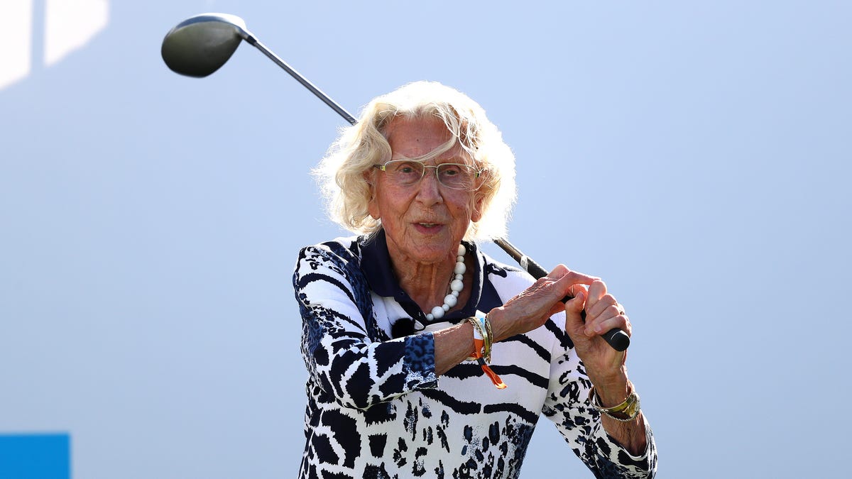 Susan Hosang, who is 100 years old, plays a tee shot on the 13th hole the first round of the KLM Open Sept. 12, 2019 in the Netherlands. Photo: Dean Mouhtaropoulos/Getty Images
