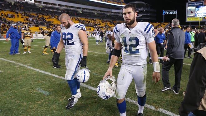 Indianapolis Colts Andrew Luck and teammate  Bjšrn Werner leave Heinz Field with a loss 51-34 against the Steelers. Indianapolis traveled to Pittsburgh Sunday, October 26, 2014. 