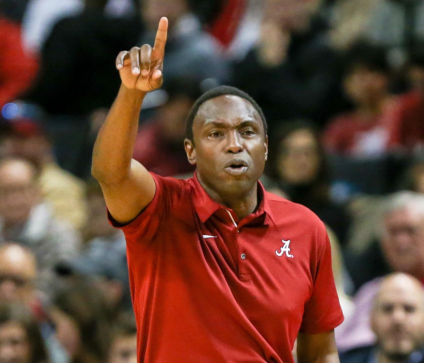Alabama Crimson Tide head coach Avery Johnson signals during the first half of the championships game of the the Barclays Classic against the Minnesota Golden Gophers at Barclays Center.