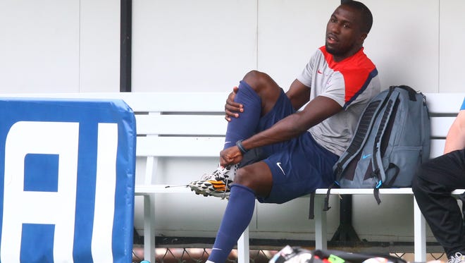 Jozy Altidore reacts on the bench during team training at Sao Paulo FC on June 28.