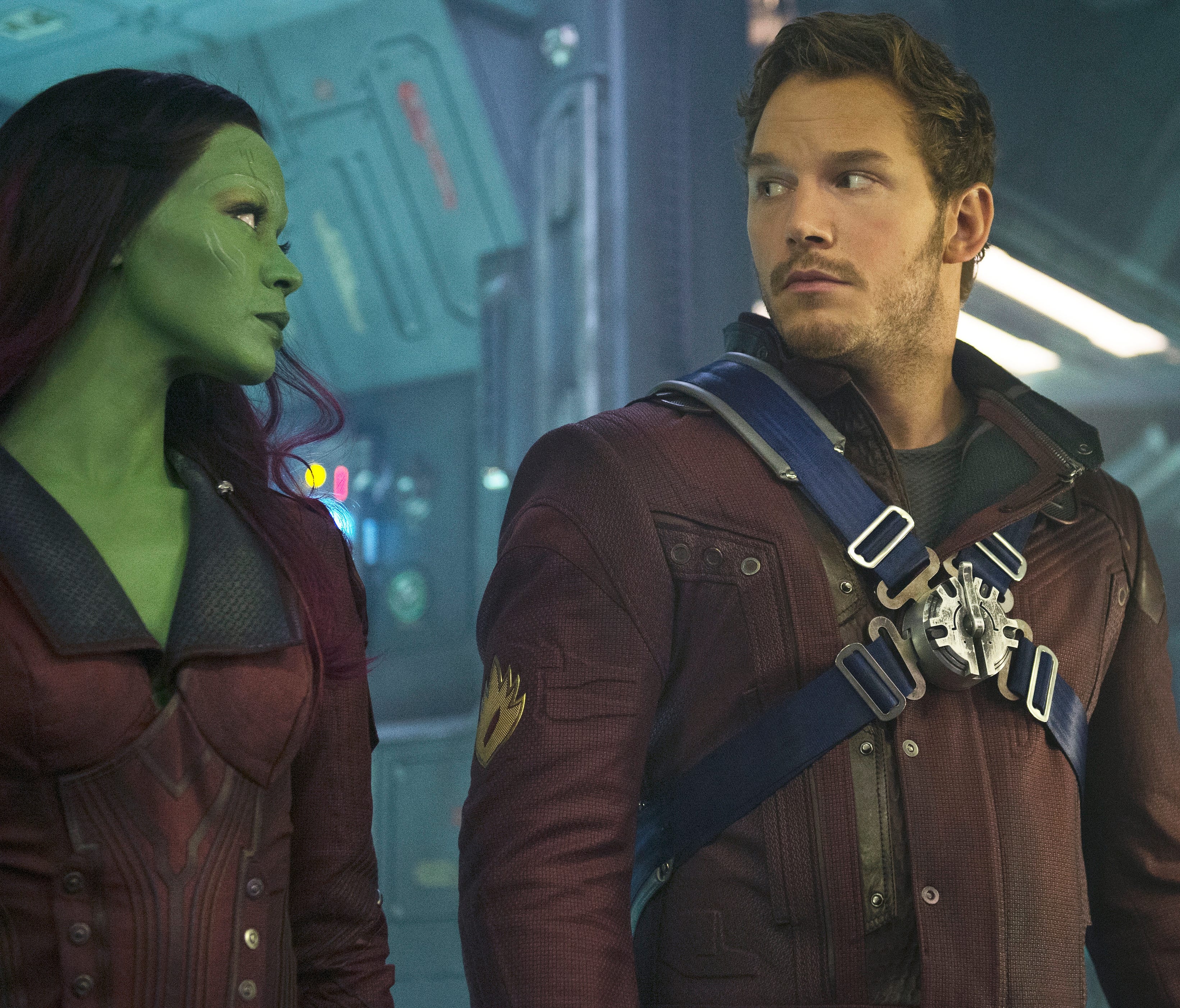 Gamora (Zoe Saldana) and Peter Quill/Star-Lord (Chris Pratt) in a scene from the motion picture 