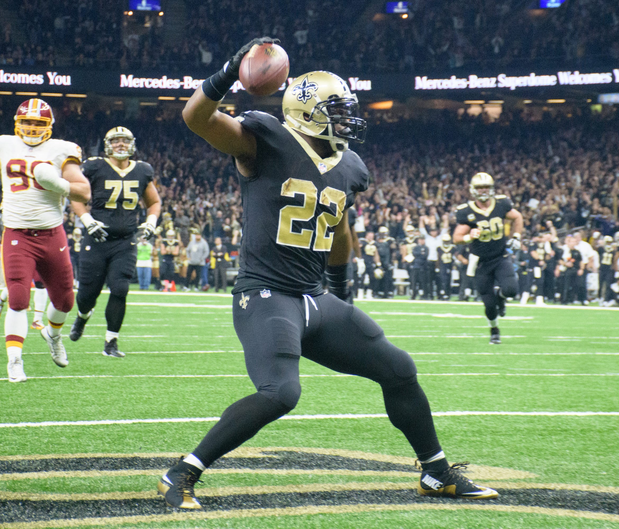 New Orleans Saints running back Mark Ingram after scoring a touchdown against the Washington Redskins in the NFL game at the Mercedes-Benz Superdome.