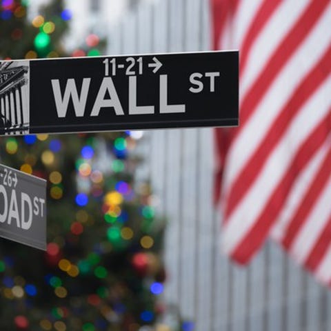 Wall Street and Broad Street signs with American...