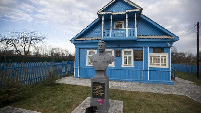 A bust of Soviet leader Josef Stalin stands on the front lawn of a house-turned-museum in the village of Khoroshevo, west of Moscow, Russia. The Stalin museum was opened this year in this small village where the Soviet leader is said to have stayed the night on his only visit to the front during World War II. The sign on the monument reads "Chairman of the State Defense Committee, Supreme Commander in Chief Josef Stalin."