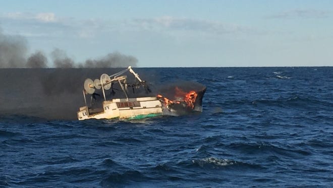 A vessel caught fire on Sunday morning near Cerberus Shoal, according to the US Coast Guard