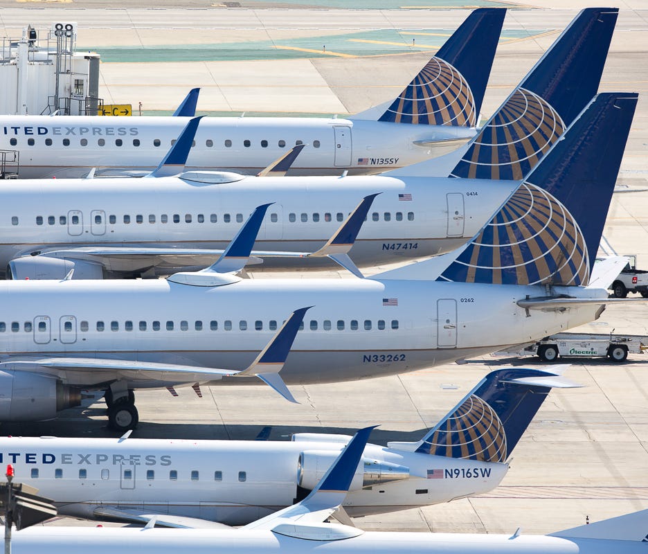 United Airlines jets line Terminal 7 at Los Angeles International Airport on Nov. 8, 2015.