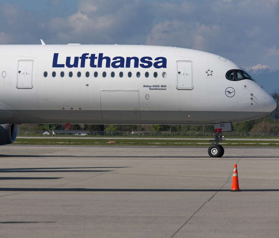 Lufthansa's Airbus A350-900 taxis to a gate after its first landing in Vancouver, Canada, on May 1, 2018.