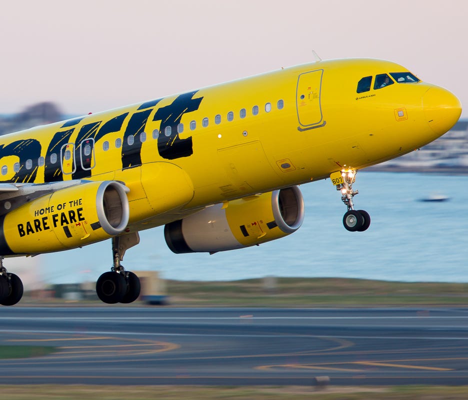 This file photo from November 2017 shows a Spirit Airlines Airbus A320 departing Boston Logan International Airport.